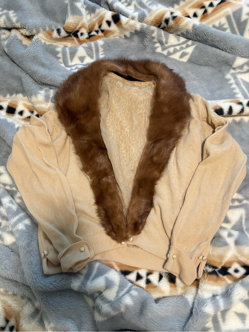 Vintage Bernhard Altmann Tan Knit Cardigan with Brown Faux Fur Shawl Collar